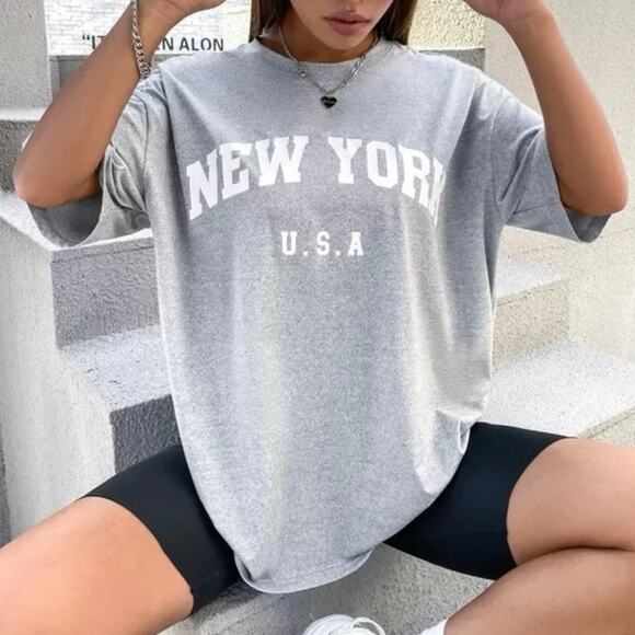 SHEIN Gray New York USA Graphic T-Shirt Oversized Tee Women’s Size Small - Picture 1 of 7